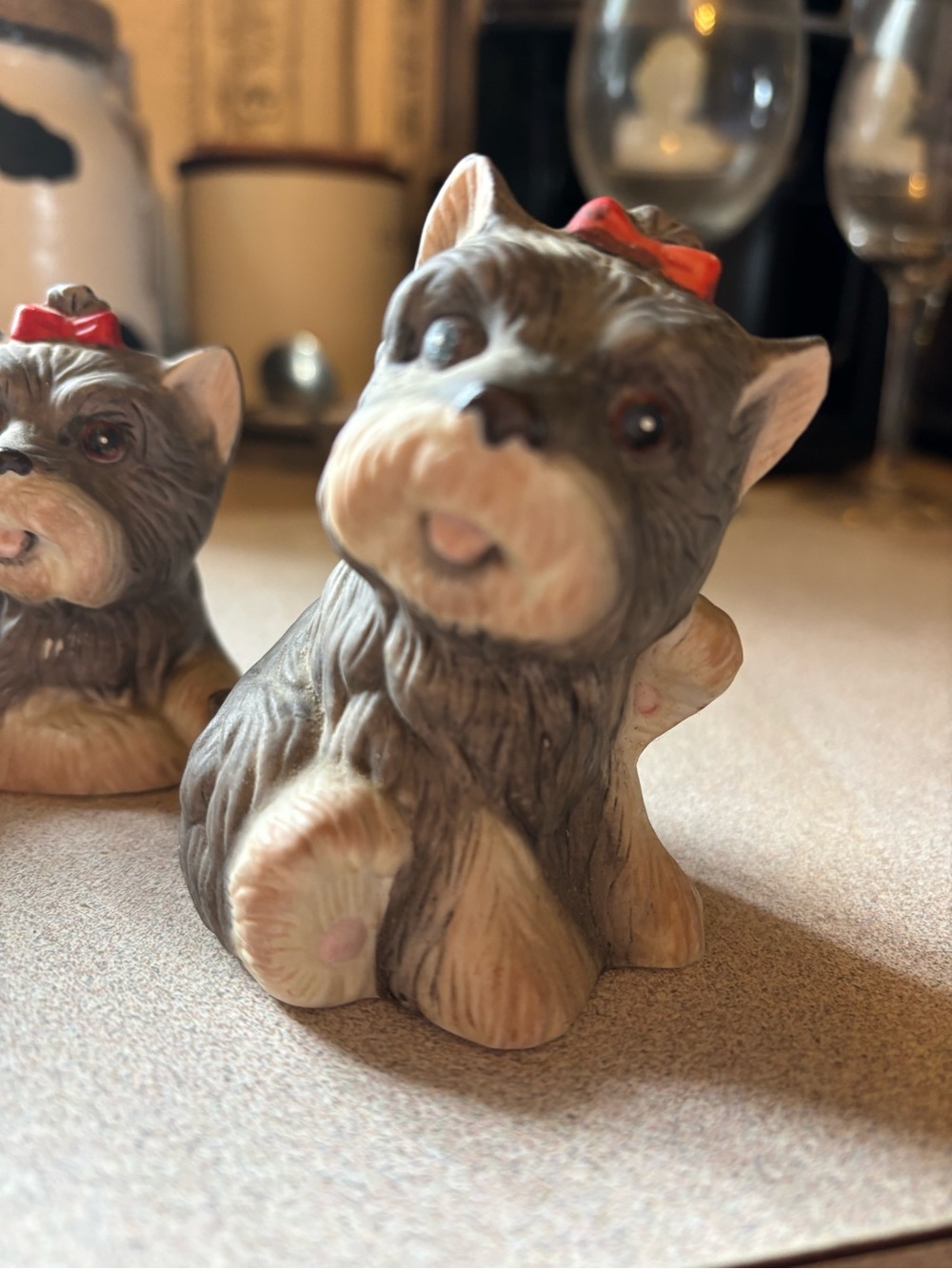 Source Unknown Gray and Cream Ceramic Terrier Dog Figurines with Red Bows